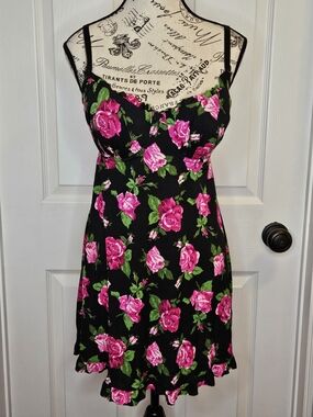 NWOT Black Floral Chemise Slip Nightie Pink Roses Molded Cups Plus Size 38D